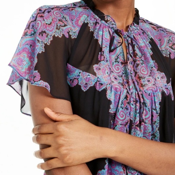 NWT NANETTE LEPORE Flutter Short Sleeve Tie Neck Lined Printed Blouse Size 6 - Picture 3 of 4